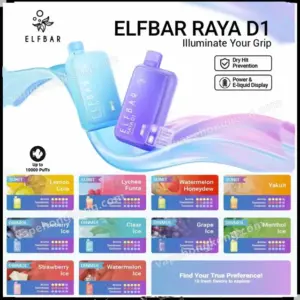ELFBAR RAYA D1 Disposable Vape – 10000 Puffs, 18ml, Battery & E-Liquid Indicator (Promo: Buy 5 Get 1 Free, Buy 10 Get 3 Free)