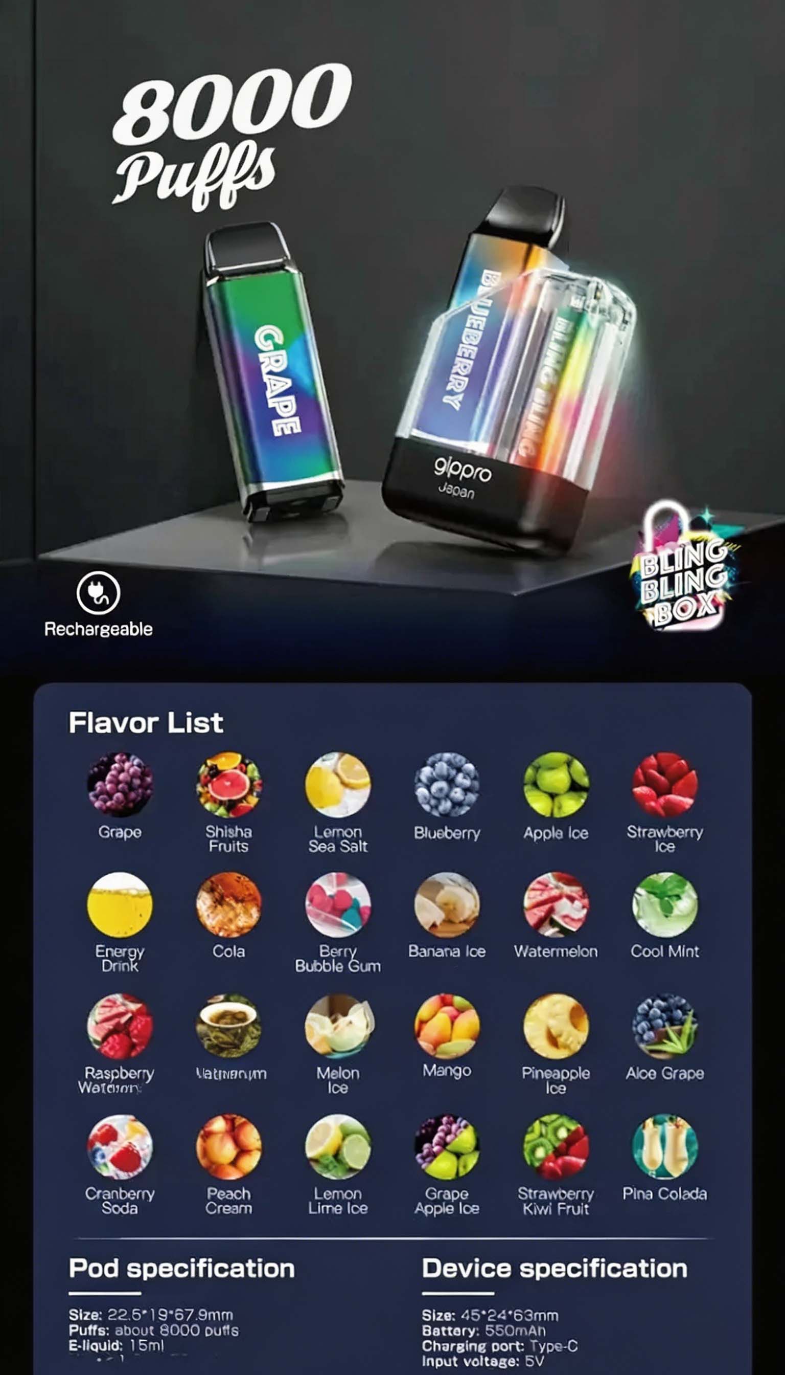 Gippro Blink Blink Box 8000 Puff LED Rechargeable Pod System – Multi-Flavor (Promo: Buy 5 Get 1 Free, Buy 10 Get 3 Free) detail image 2