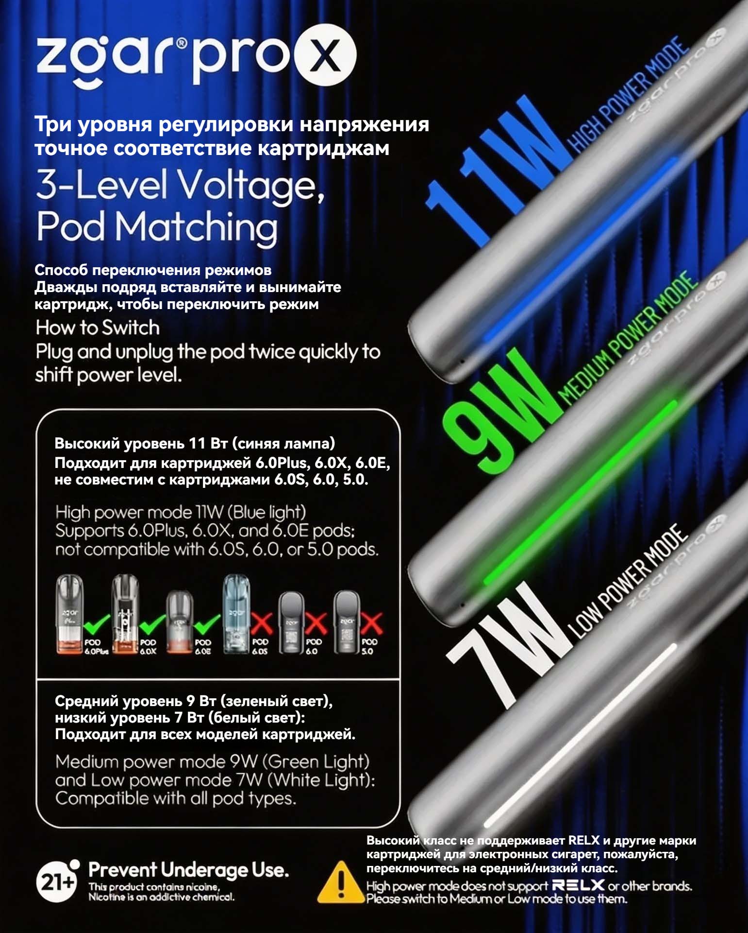 ZGAR PRO-X Pod Device (Relx 4/5/6 Compatible - Use Mid/Low Setting) (7W/9W/11W Adjustable) (500mAh) detail image 7